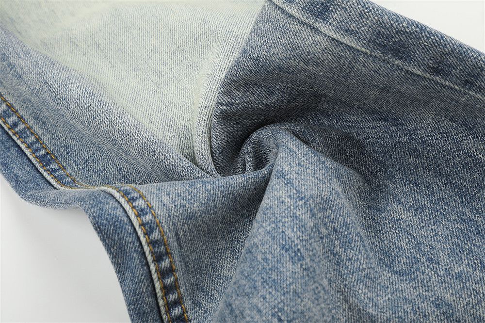 Jean baggy à jambes larges – Denim bleu délavé homme, coupe droite avec poche zippée