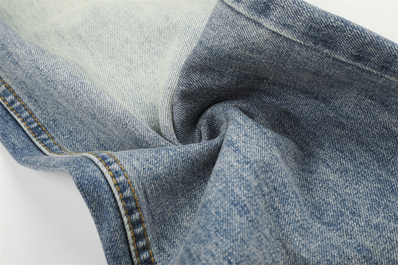 Jean baggy à jambes larges – Denim bleu délavé homme, coupe droite avec poche zippée