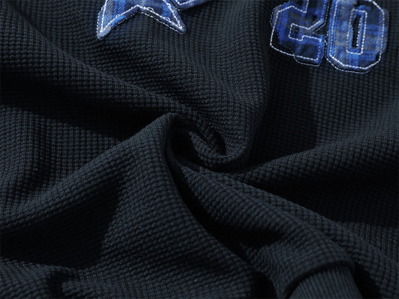 Polo Collar Sweatshirt with Plaid Patchwork & Clints Varsity Graphic