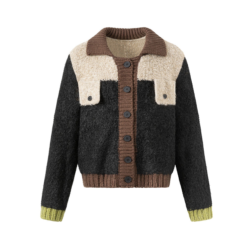 Color-Block Plush Patchwork Knitted Cardigan – Retro Korean Style