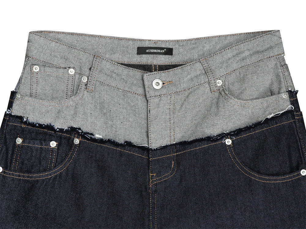 Jean homme coupe ample – Denim brut à double ceinture avec empiècements effilochés &