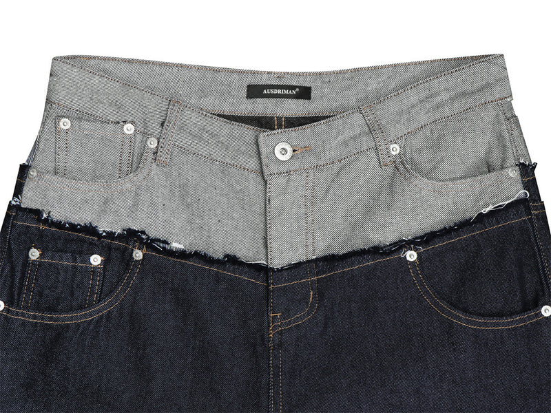 Jean homme coupe ample – Denim brut à double ceinture avec empiècements effilochés &