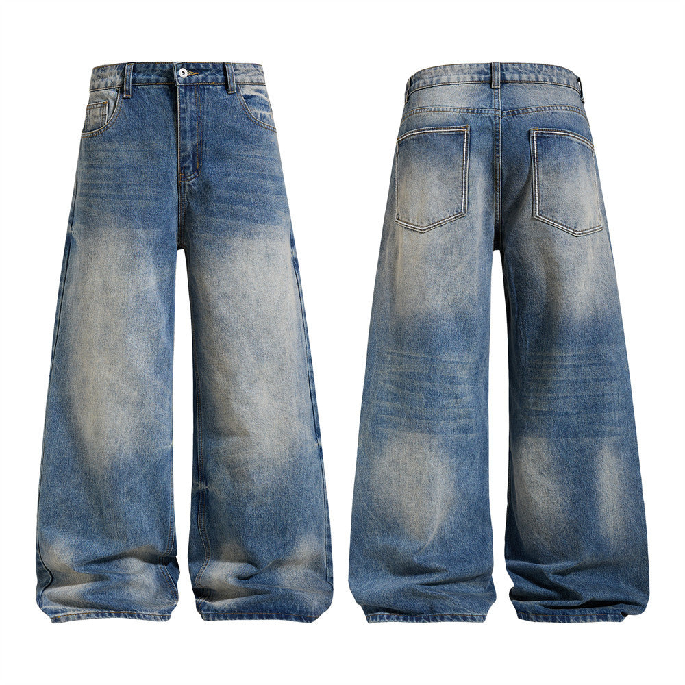 Vaqueros baggy de pierna ancha para hombre, de denim azul lavado vintage, vista frontal y trasera