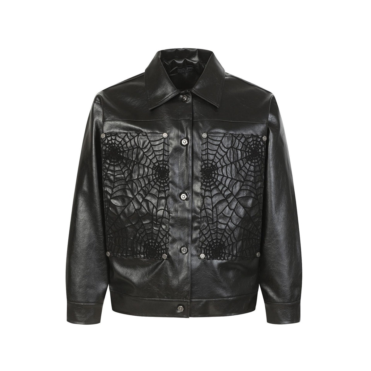 Spiderweb Embroidered PU Leather Jacket – Oversized Moto Fit
