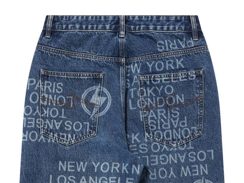 Men's Wide Straight-Leg Jeans – Allover City Names & Lightning Bolt Print