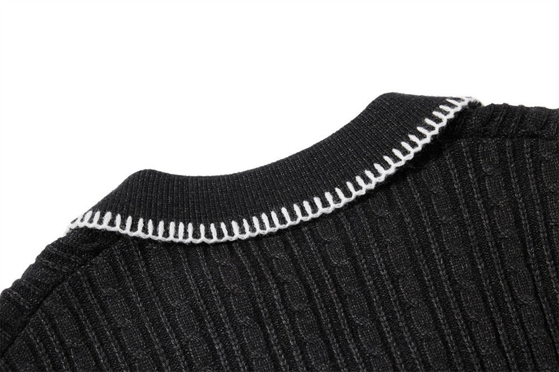 Oversized V-Neck Sweater – Cable Knit Polo Collar Long Sleeve Pullover