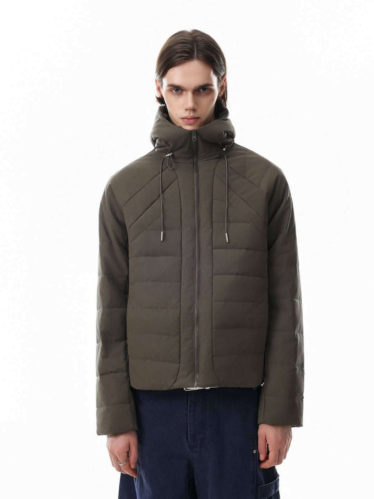 Hooded Quilted Puffer Jacket – Ribbed Panel Down Coat in Olive & Black