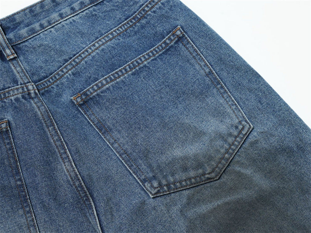 Straight Leg Jeans Mens Wide-Leg Punk Washed Denim with Rivet Pocket Detail