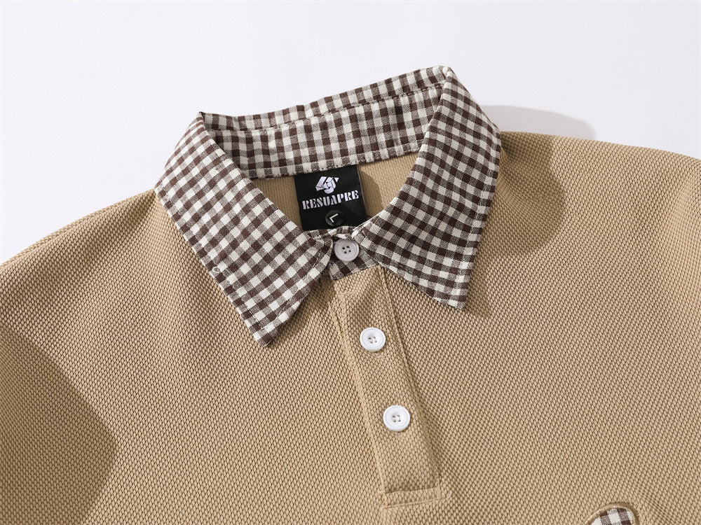 Plaid Collar Cat Embroidery Sweatshirt – Faux Two-Piece Button Polo Men's Top