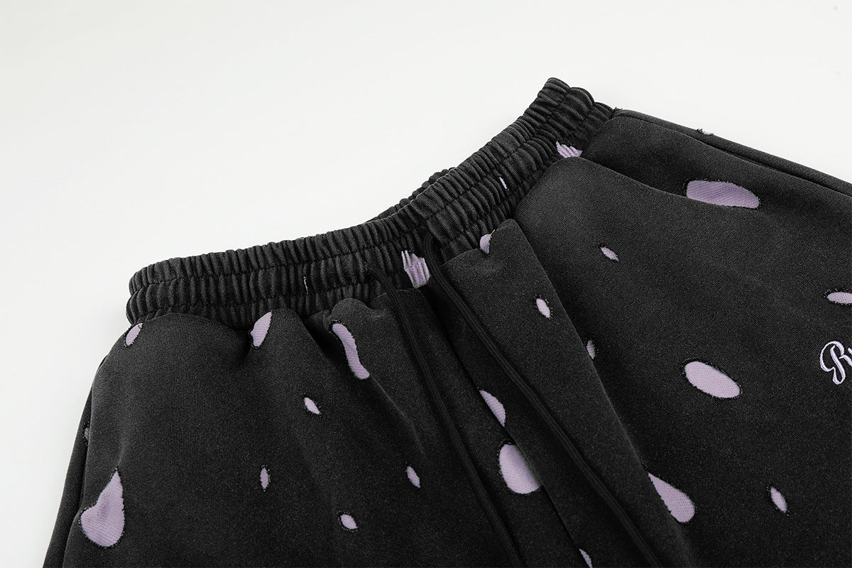 Wide-Leg Sweatpants Black Polka Dot Print Elastic Waist Drawstring