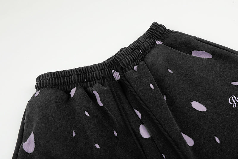 Wide-Leg Sweatpants Black Polka Dot Print Elastic Waist Drawstring