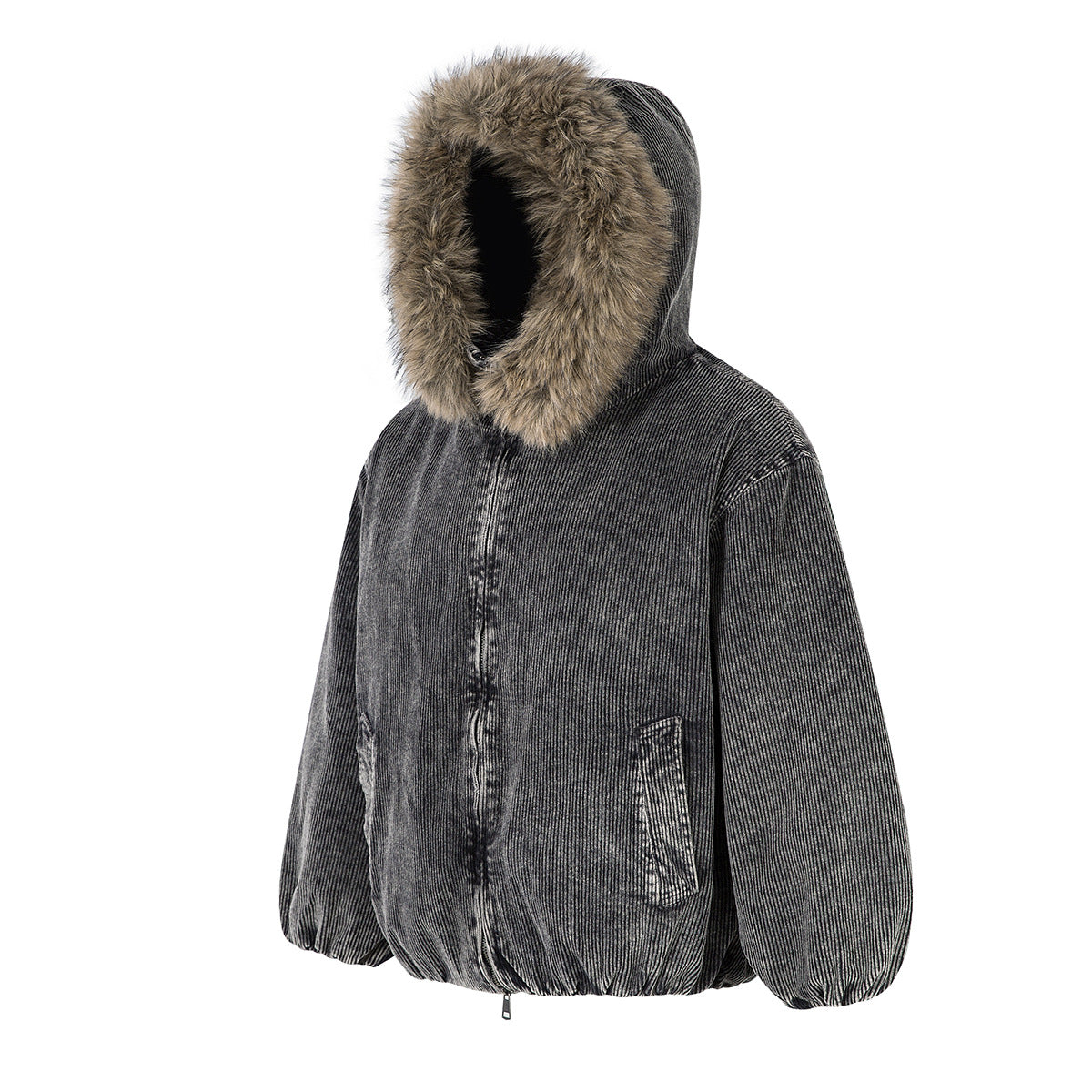 Oversized washed corduroy padded jacket with faux fur hood in charcoal grey, front and back views