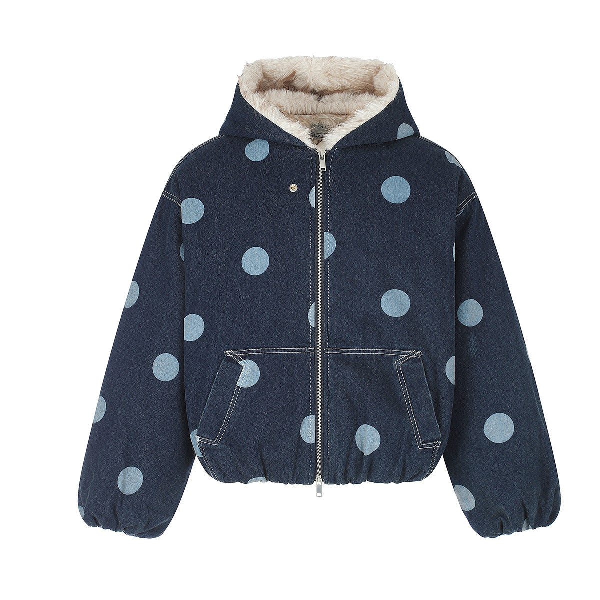 Polka Dot Denim Hooded Jacket with Sherpa Lining