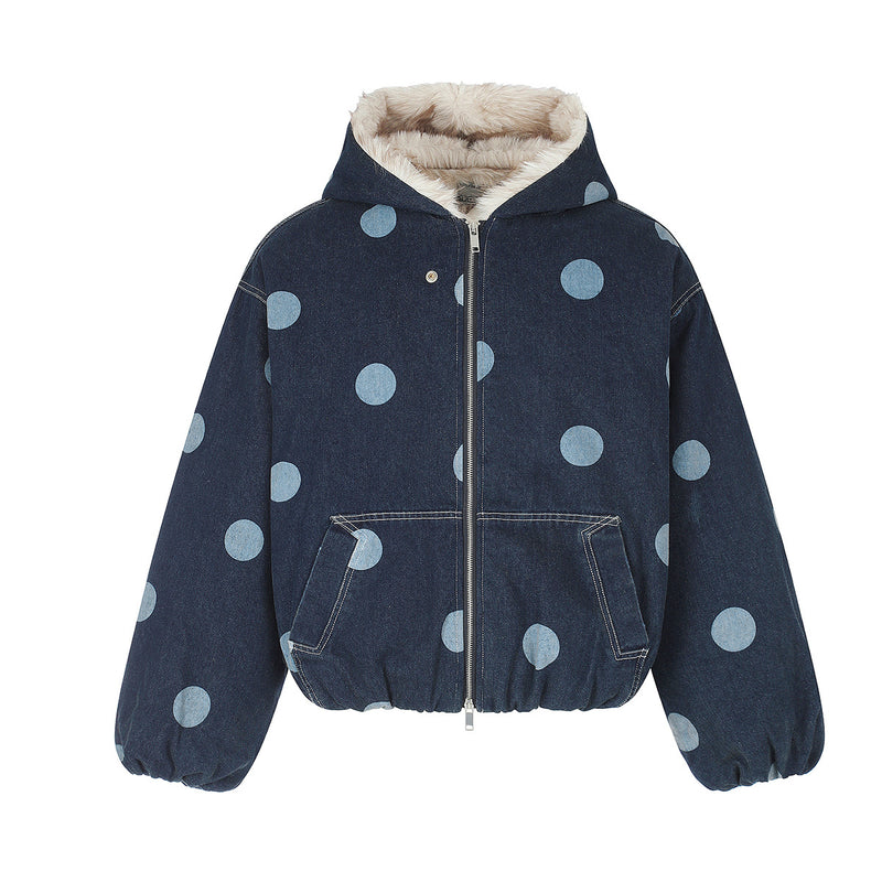 Polka Dot Denim Hooded Jacket with Sherpa Lining