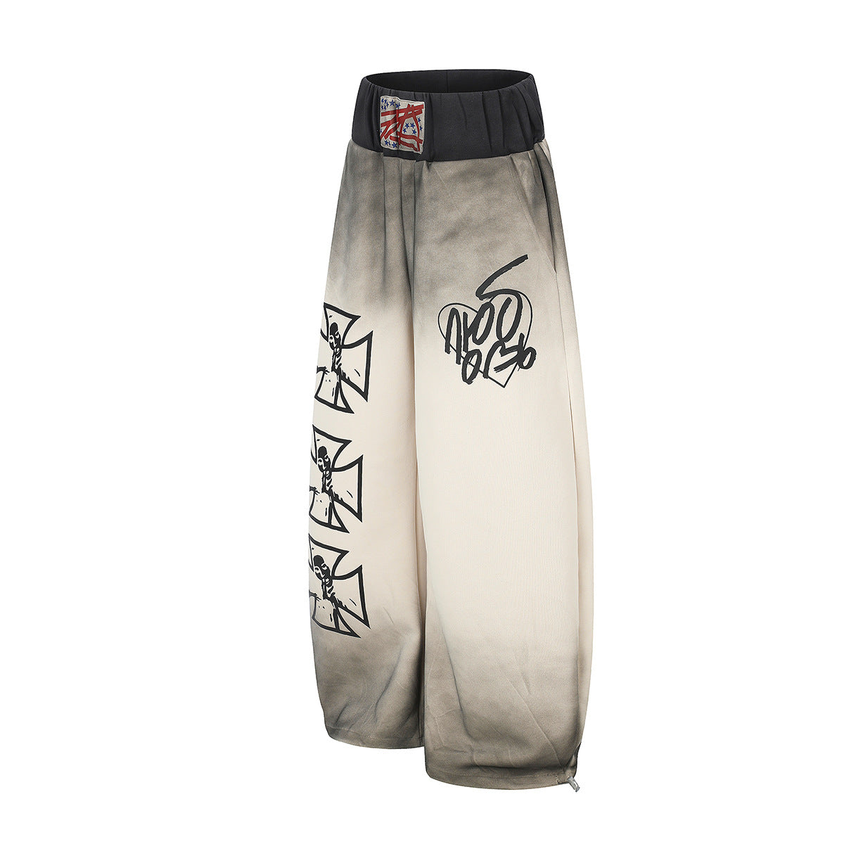 Wide-Leg Sweatpants with Iron Cross Graffiti Print – Washed Streetwear Baggy