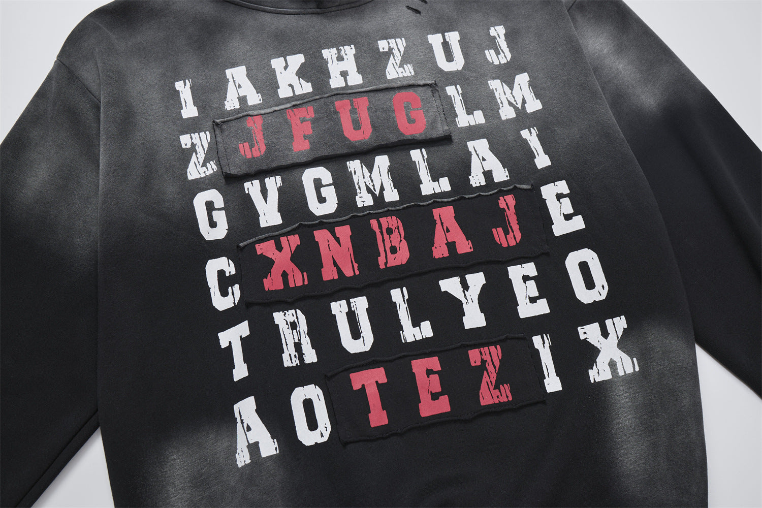 Letter Grid Oversized Hoodie – Acid-Washed Distressed Streetwear Pullover