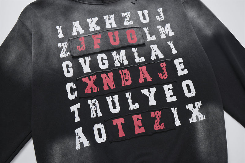 Letter Grid Oversized Hoodie – Acid-Washed Distressed Streetwear Pullover