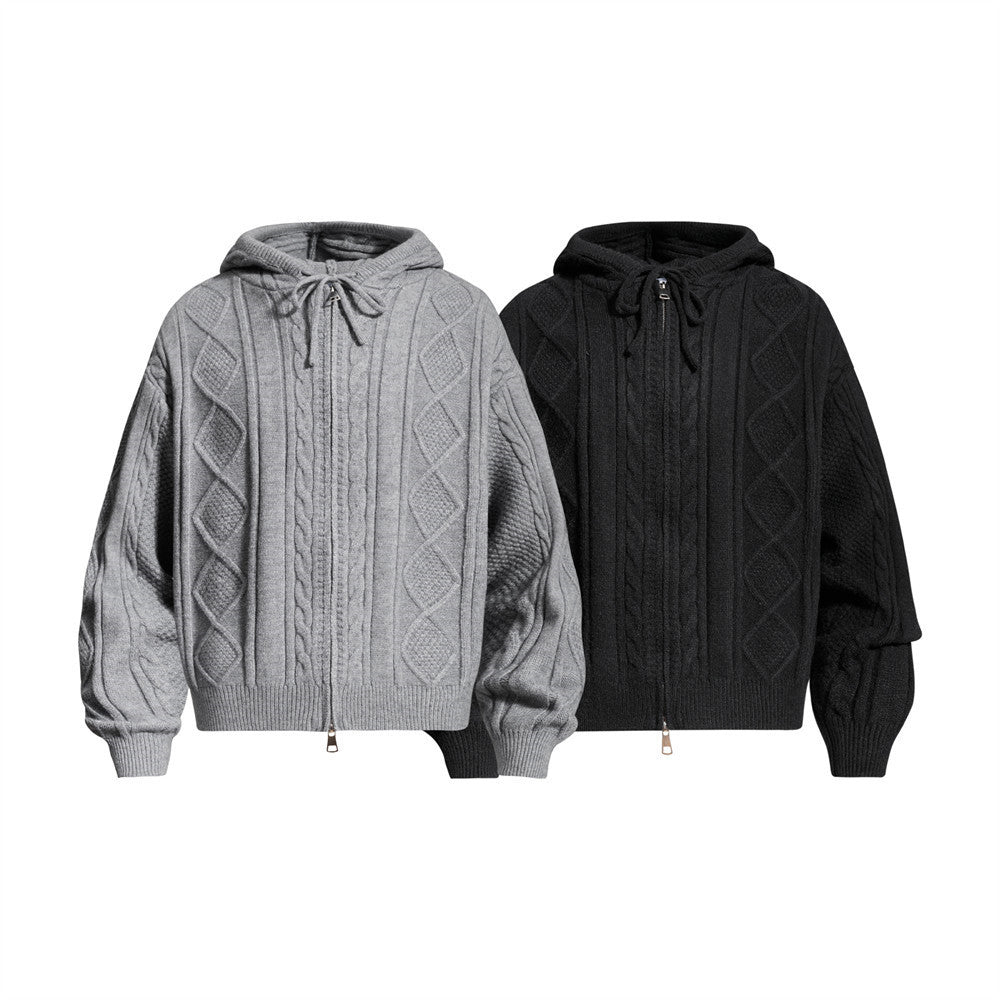 Sweat à capuche zippé oversize en maille torsadée avec motif losanges argyle et capuche à cordon, gris et noir