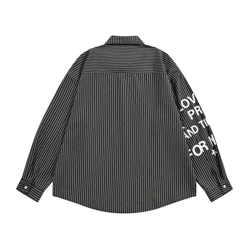 Graphic Button-Up Shirt – Hip-Hop Letter Print Vertical Stripe Long Sleeve
