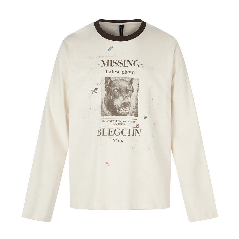 Missing Dog Graphic Long Sleeve T-Shirt – Men's Oversized Crew Neck