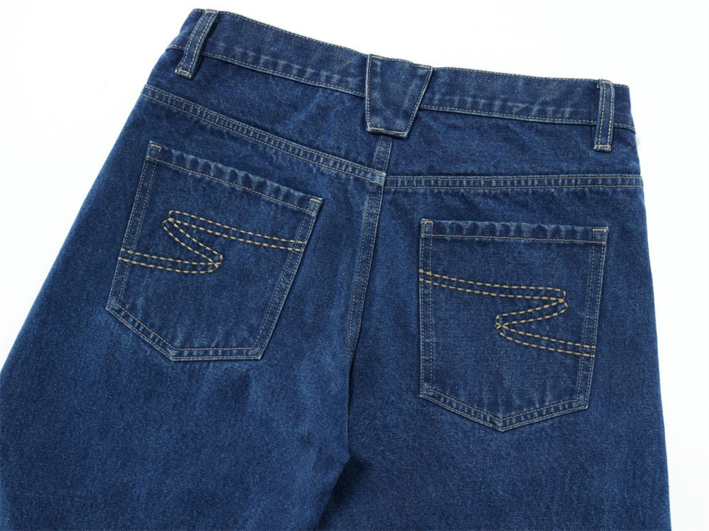 Men's Loose Fit Wide-Leg Jeans – Curved Baggy Silhouette in Dark Blue