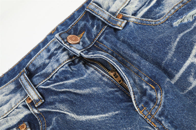 Wide-Leg Distressed Jeans – Lightning Wash Vintage Blue Straight-Fit Denim