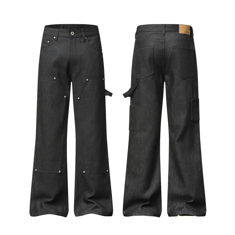 Black Baggy Flare Cargo Jeans – Wide Leg Denim with Rivet & Patch Detail
