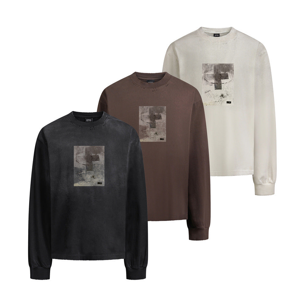 NTVG-Langarmshirt in Acid-Wash-Optik mit Kreuzgrafik auf der Brust in verwaschenem Schwarz, Braun und Off-White