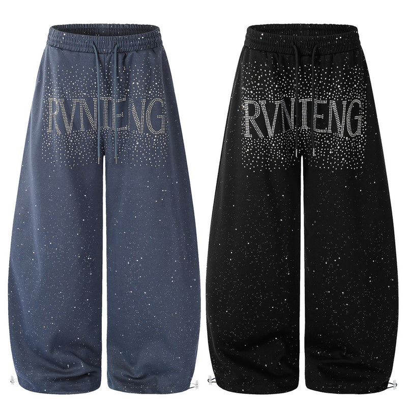 Men's Wide-Leg Sweatpants with Rhinestone Letter Print & All-Over Starry Sparkle