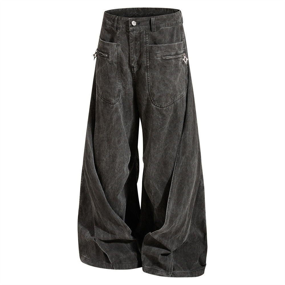 Wide-Leg Pleated Drape Pants – Acid Wash Baggy Trousers with Zip Pockets