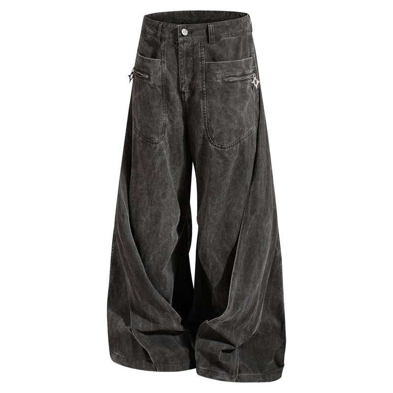 Wide-Leg Pleated Drape Pants – Acid Wash Baggy Trousers with Zip Pockets