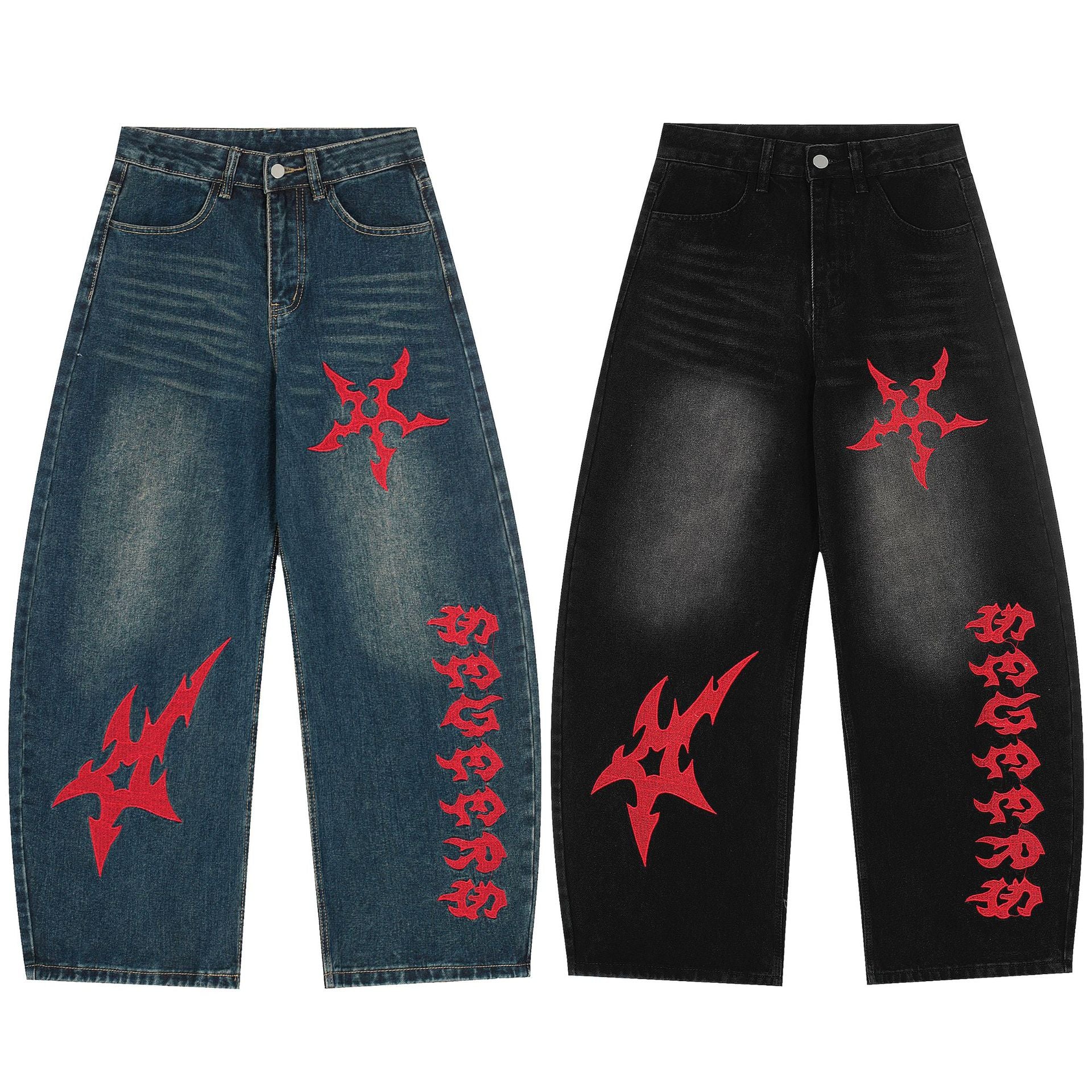 Jean délavé foncé baggy à jambes larges avec broderie gothique rouge