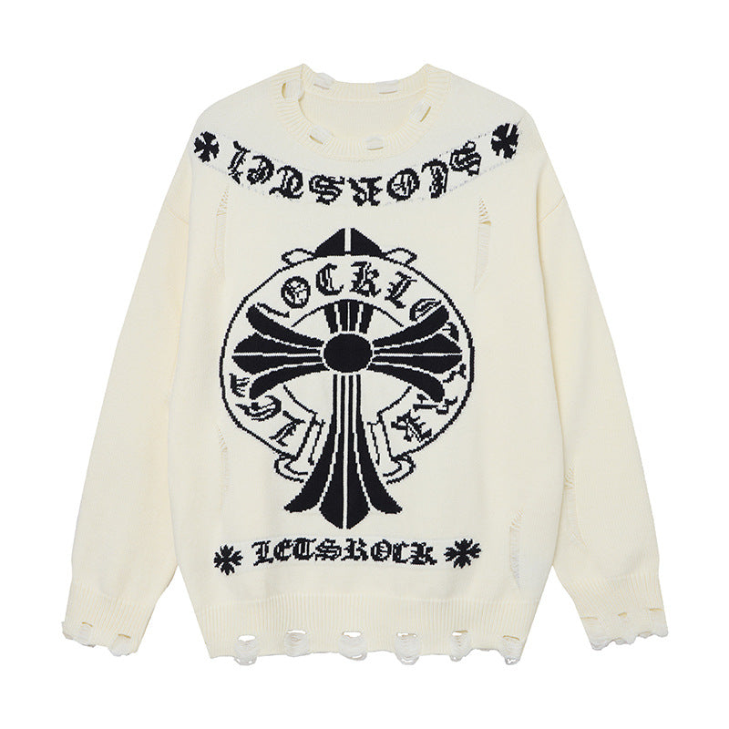 Pull en maille jacquard avec croix gothique et finitions usées – Esthétique sombre oversize