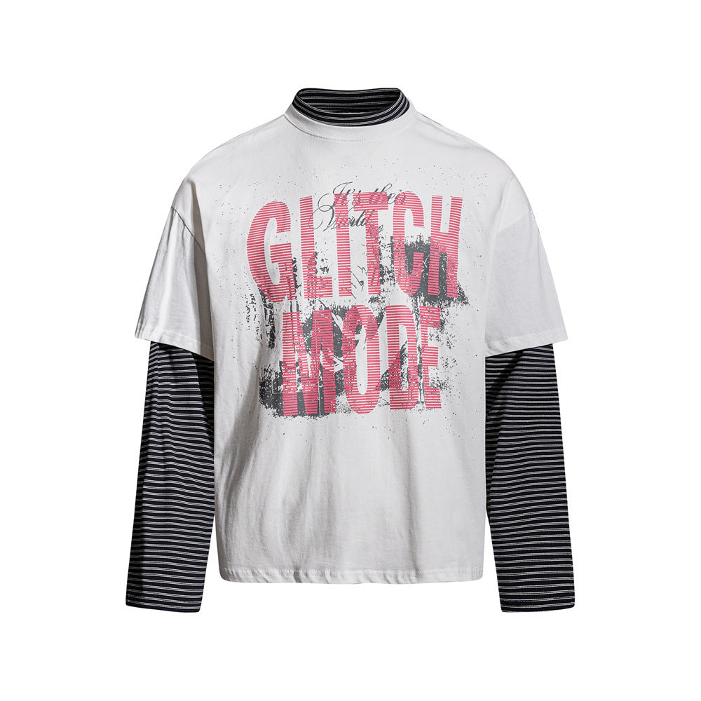 Oversized faux two-piece long-sleeve graphic tee with Glitch Mode distressed print and black striped sleeve detail in white c