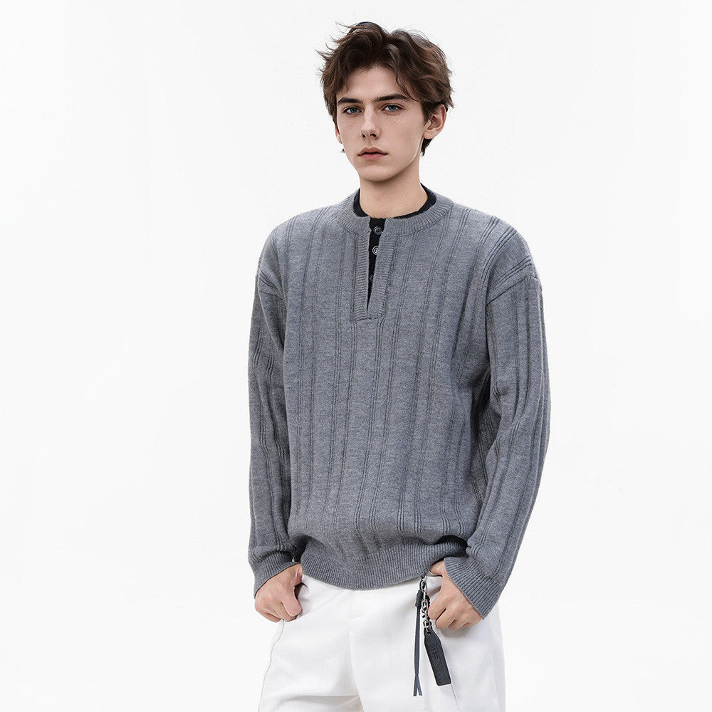 Pull homme en maille côtelée à col tunisien – Coupe oversize décontractée
