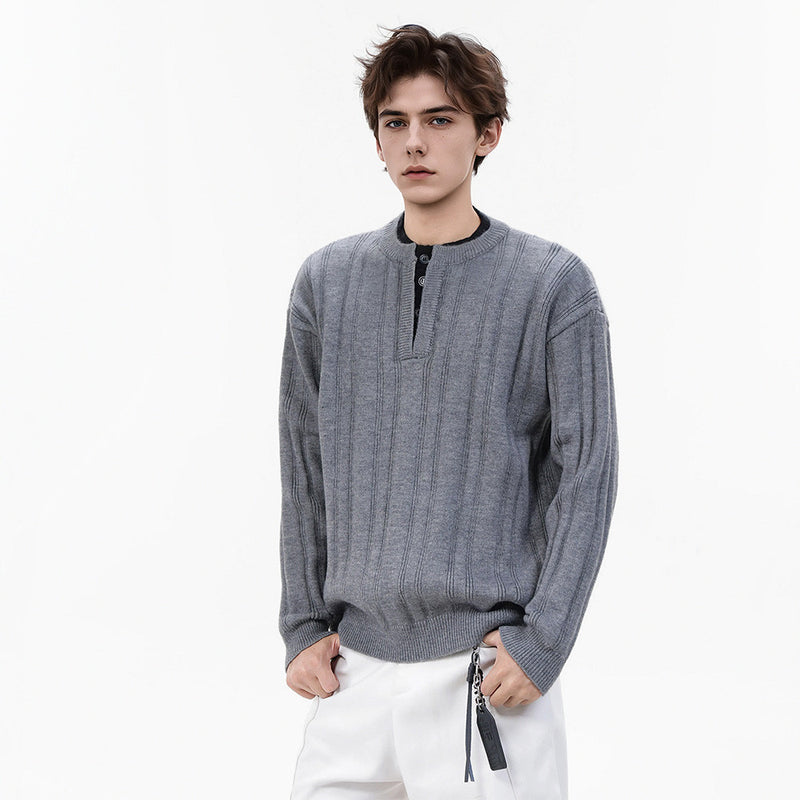 Pull homme en maille côtelée à col tunisien – Coupe oversize décontractée