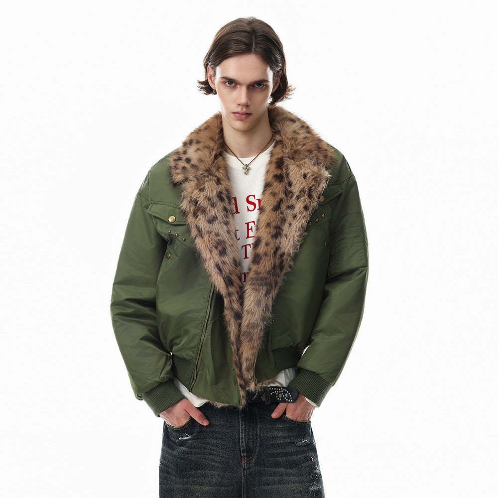 Men's Army Green Bomber Jacket with Leopard Faux Fur Collar & Rivet Detail