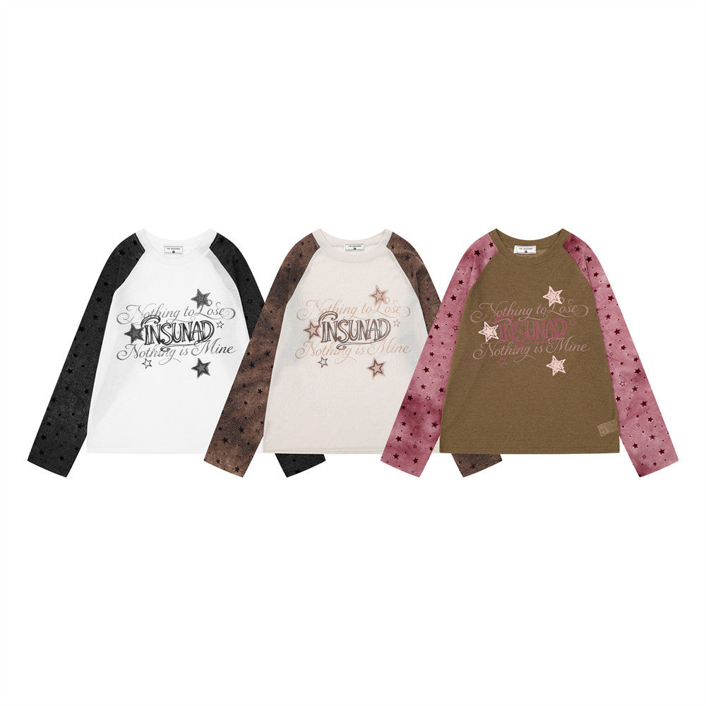 T-shirt homme raglan à manches longues avec manches imprimées d'étoiles et motif graphique sur le devant