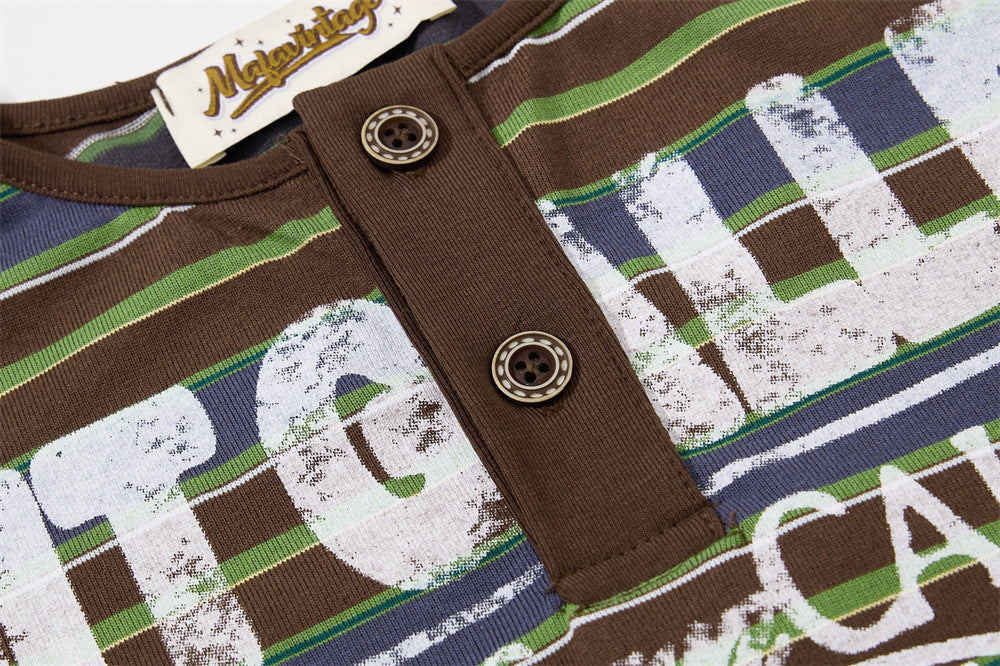 American Vintage Striped Henley Graphic T-Shirt – Oversized Short Sleeve