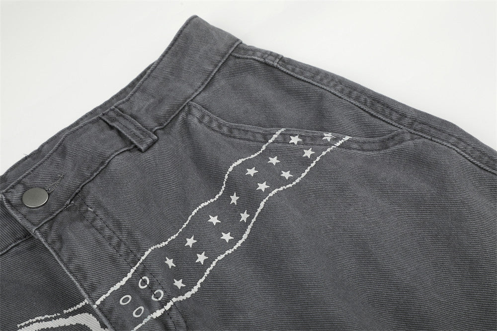 Cargo Pants for Men Wide Leg Multi-Pocket Punk Belt Print Street Style