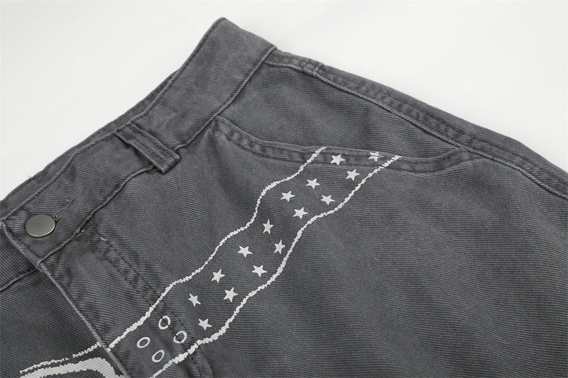 Cargo Pants for Men Wide Leg Multi-Pocket Punk Belt Print Street Style