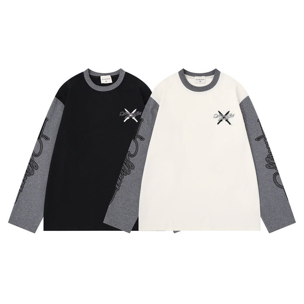 Camiseta de manga larga para hombre con bloques de color y bordado de texto – Corte relajado