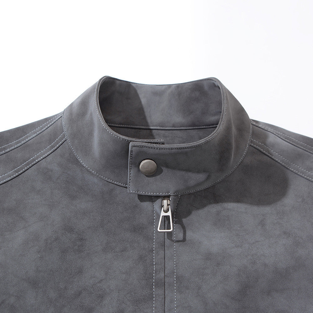 Men's Moto-Style Stand Collar PU Suede Jacket – Oversized Fit