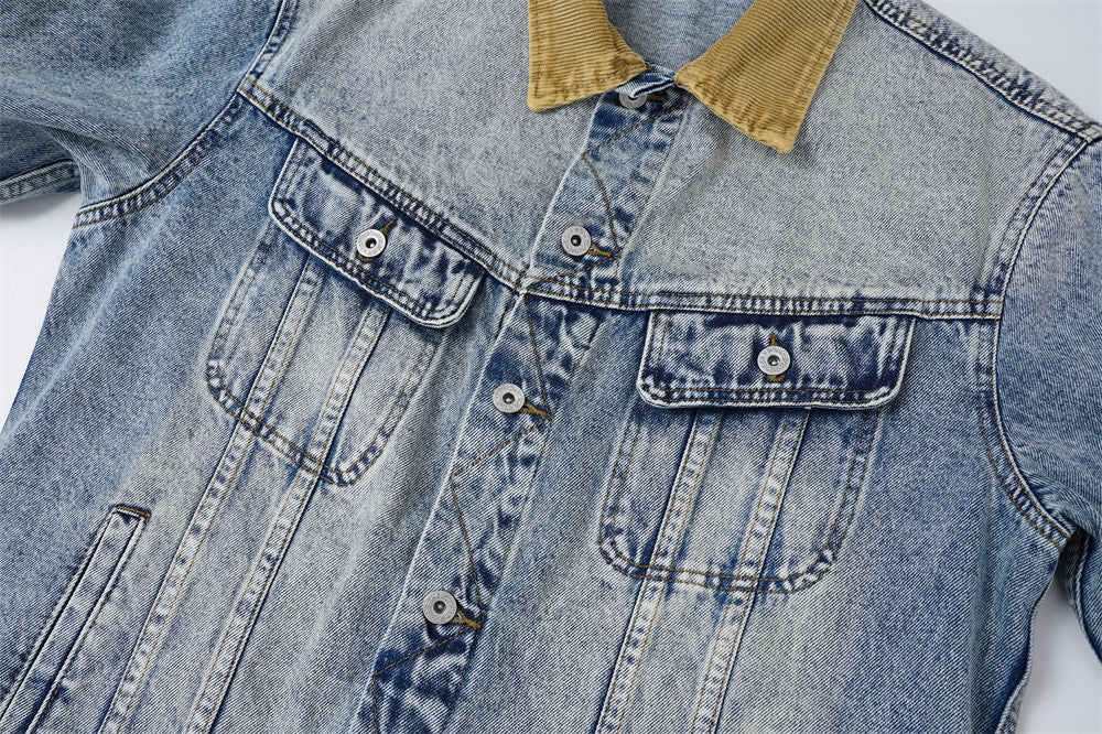Veste en denim délavé à l’acide avec col en velours côtelé – Coupe oversize streetwear