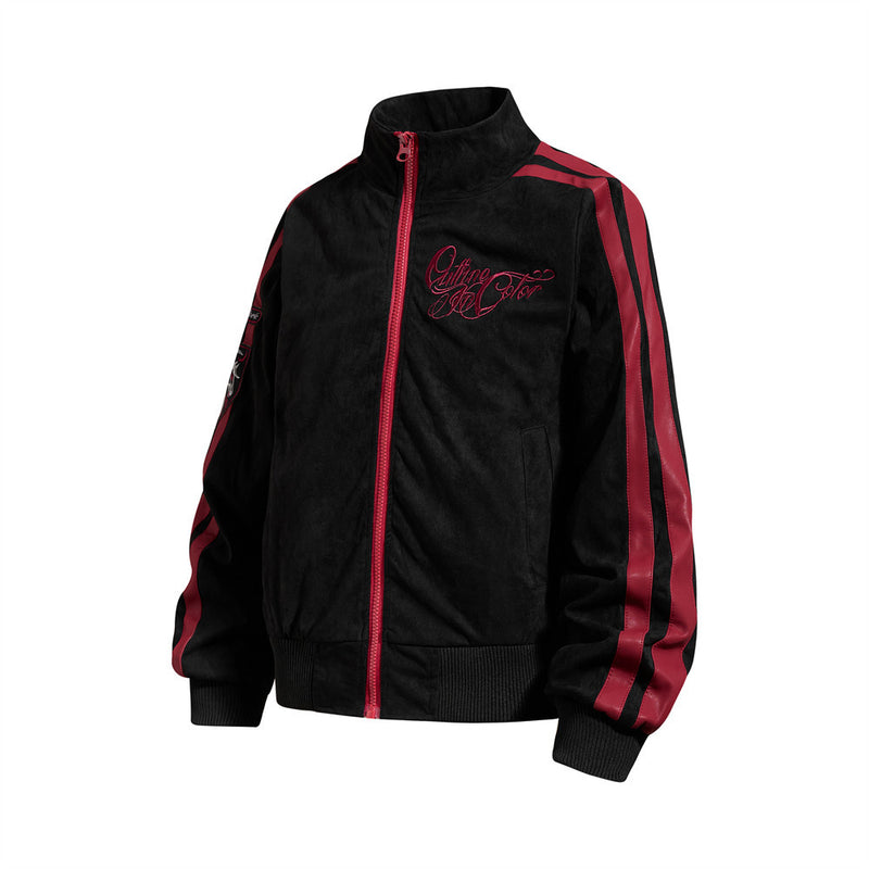 Suede Bomber Jacket Men's Black Embroidered Stand-Collar Track Jacket