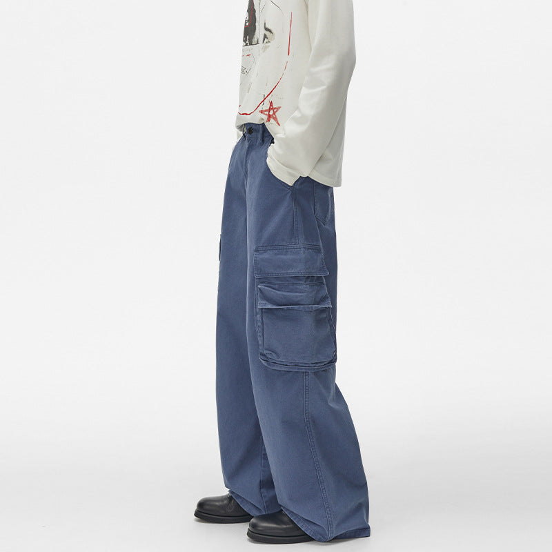 Pantalon cargo homme à jambes larges – Pantalon droit délavé à poches multiples