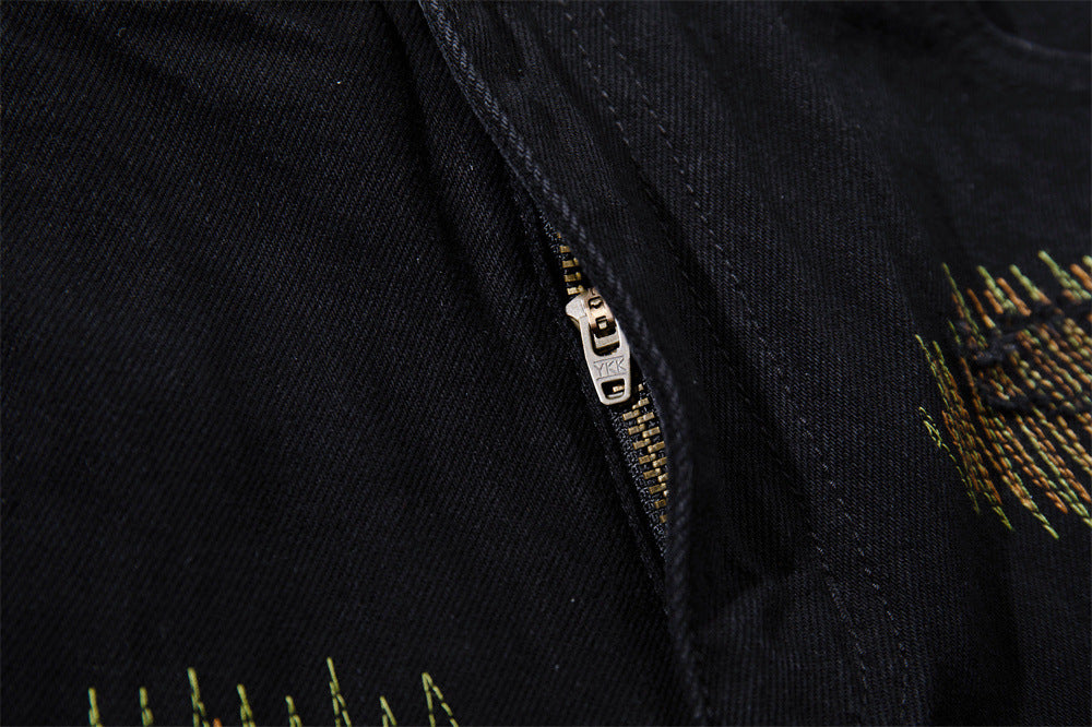 Wide-Leg Jeans with Chaotic Needle Embroidery & Star Patches