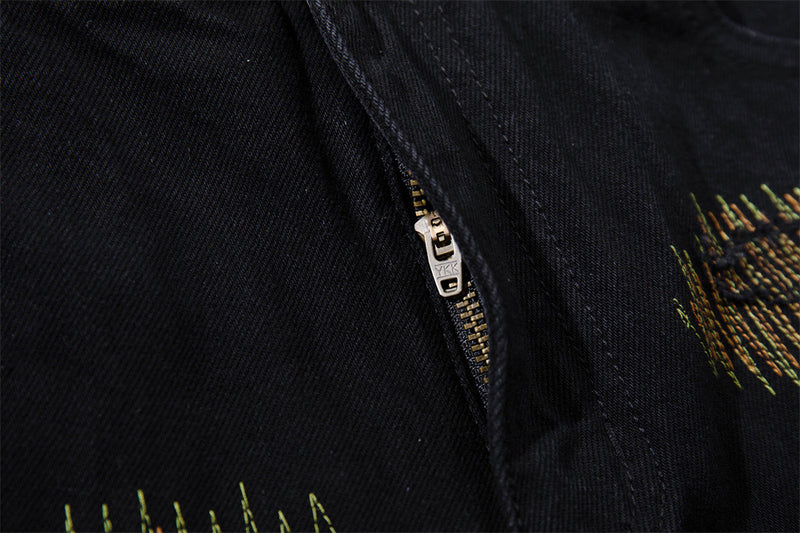 Wide-Leg Jeans with Chaotic Needle Embroidery & Star Patches
