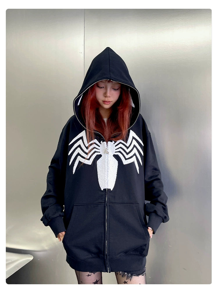 Venom Spider Hoodie - 400GSM Oversized Black and White Zip-Up Sweatshirt for Superhero Fans