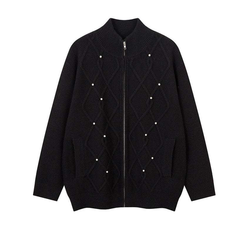 Cable Knit Zip-Up Sweater Jacket with Pearl Embellishments